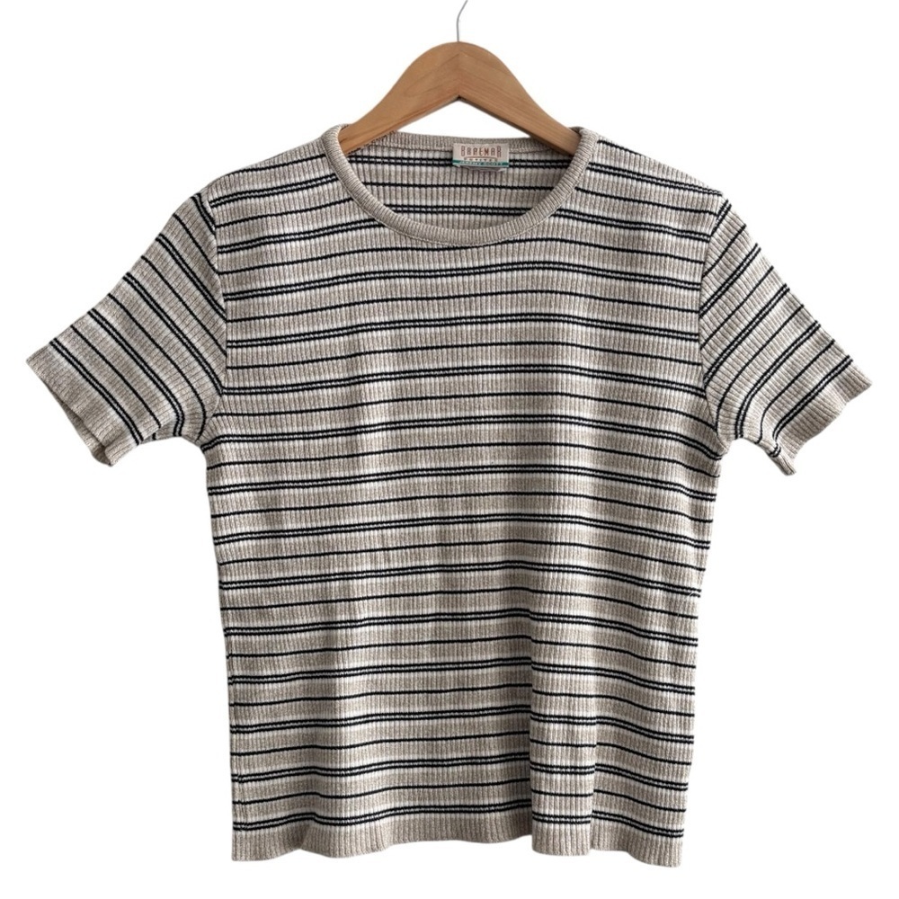 Vintage Beige and Black Stretchy Striped Scoop Neck Tee